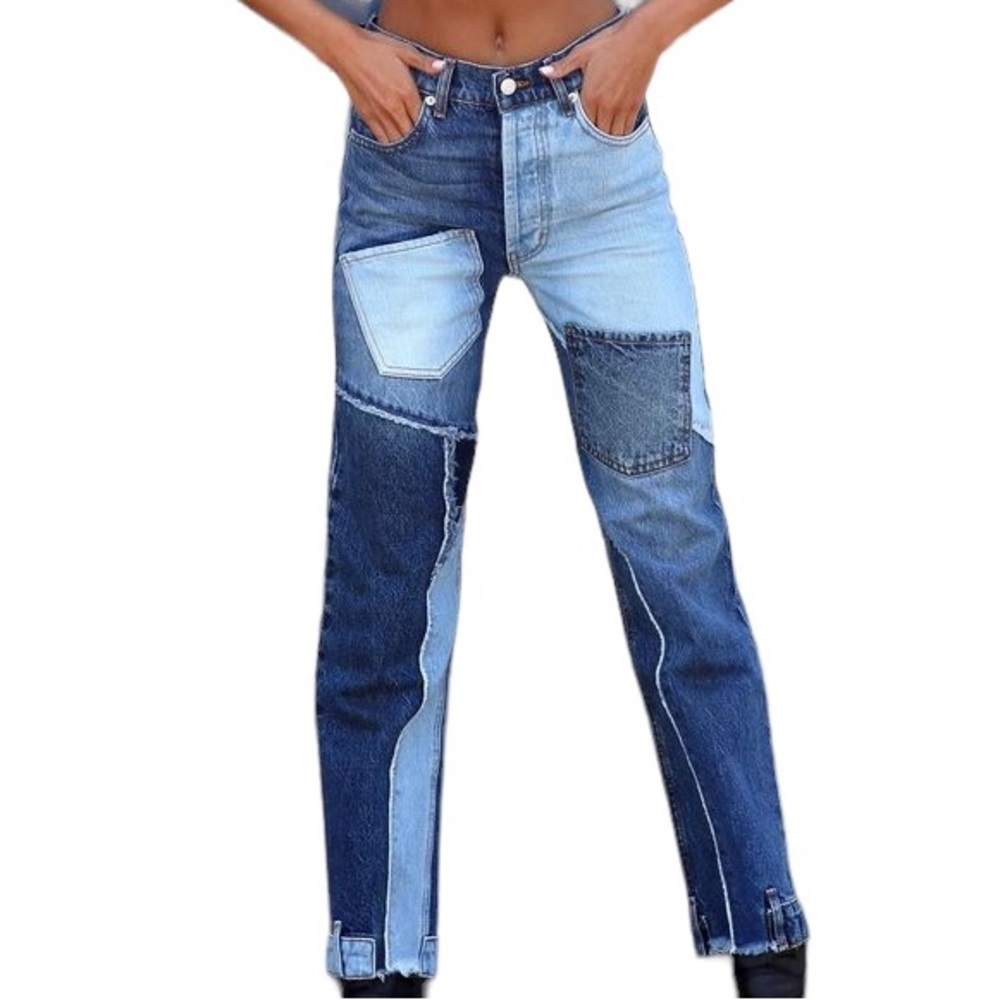 Revice Denim Blue Matchmaker high rise patchwork Straight Leg crop jeans size 26